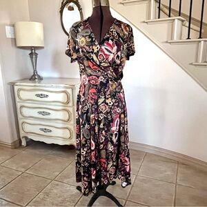 Perceptions New York Black Dark Floral Faux Wrap Midi A-line Dress Size L Retro